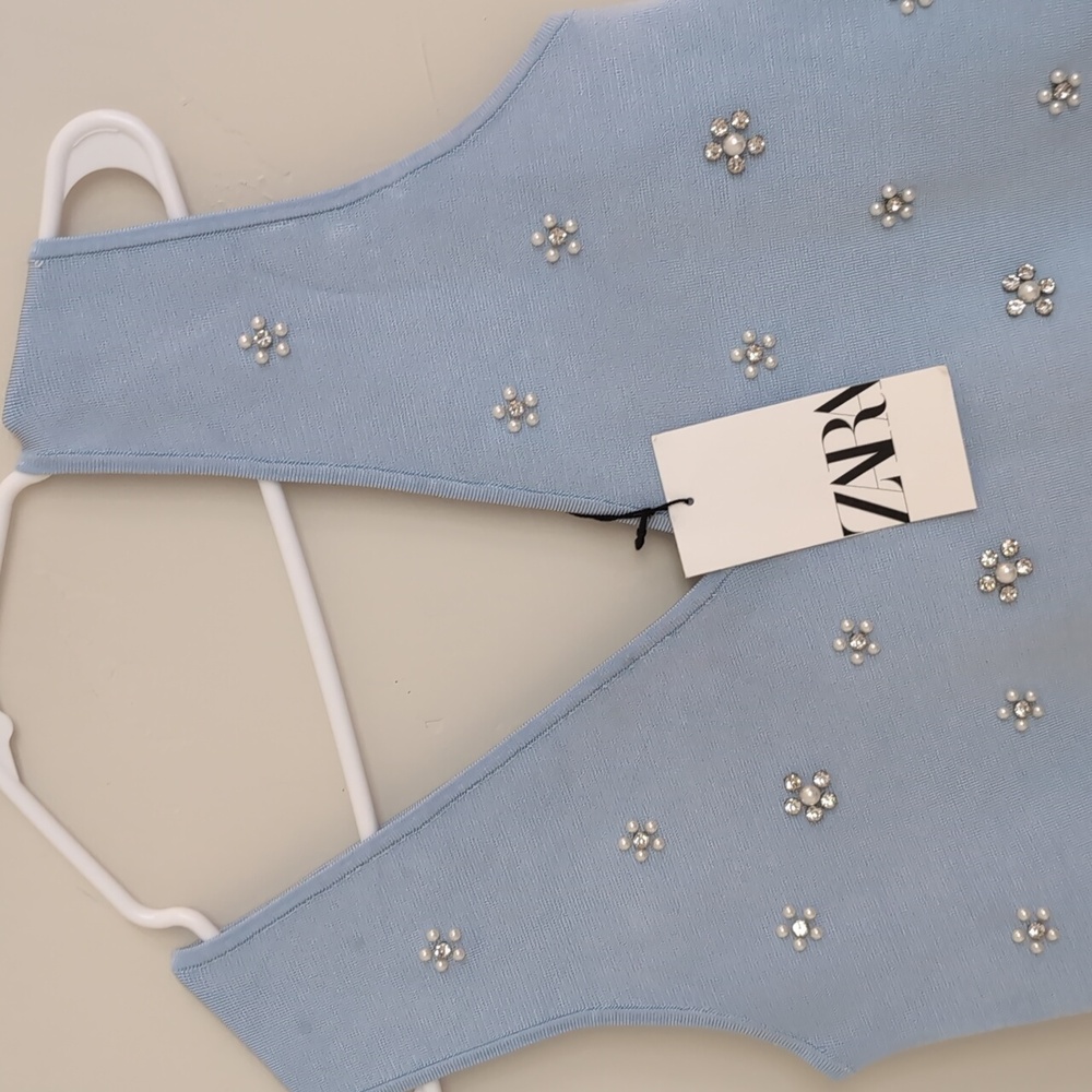 Zara BEADED PEARL JEWEL KNIT MINI DRESS Light Blue 2142/081 S M L NWT - Picture 9 of 13